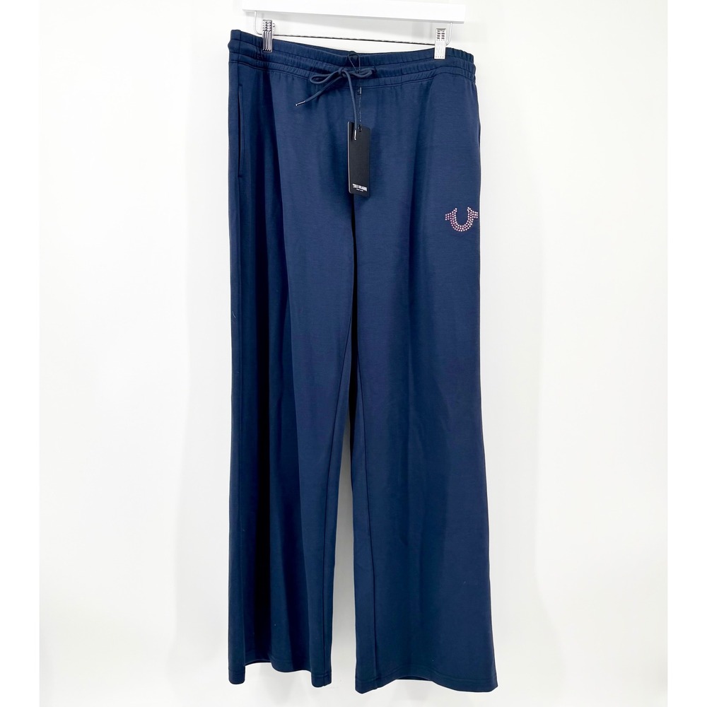 True Religion L Crystal Horseshoe Straight Leg Sweatpants Dress Blue Bling NWT